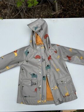 Little Earth Kids Gray Animal Print Raincoat with Mustard Lining